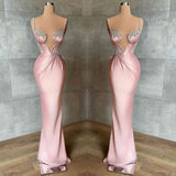 Spaghetti-Straps Mermaid Satin Prom Dress Sleeveless With Appliques HZ1024