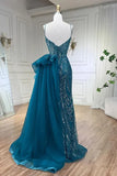 Blue Elegant Mermaid Spaghetti Strap Tulle Beading Long Prom Dress HZ1024