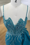 Blue Elegant Mermaid Spaghetti Strap Tulle Beading Long Prom Dress HZ1024