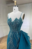 Blue Elegant Mermaid Spaghetti Strap Tulle Beading Long Prom Dress HZ1024