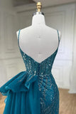 Blue Elegant Mermaid Spaghetti Strap Tulle Beading Long Prom Dress HZ1024