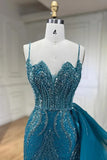 Blue Elegant Mermaid Spaghetti Strap Tulle Beading Long Prom Dress HZ1024