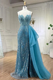 Blue Elegant Mermaid Spaghetti Strap Tulle Beading Long Prom Dress HZ1024