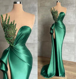 Satin Asymmetrical High Split Beaded Floor-length Sleeveless Prom Dress HZ1024