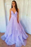 Elegant A-line V-neck Spaghetti Strap Tulle Long Prom Dress HZ1024