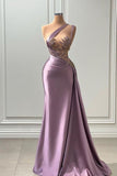 Sleeveless Asymmetric Satin Long Prom Dress with Pleated Beadings HZ1024