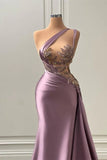 Sleeveless Asymmetric Satin Long Prom Dress with Pleated Beadings HZ1024