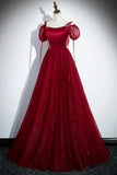 A-Line Satin Tulle Floor Length Prom Dress, Off Shoulder Formal Evening Dress HZ1024