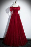 A-Line Satin Tulle Floor Length Prom Dress, Off Shoulder Formal Evening Dress HZ1024