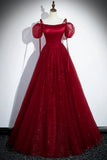 A-Line Satin Tulle Floor Length Prom Dress, Off Shoulder Formal Evening Dress HZ1024