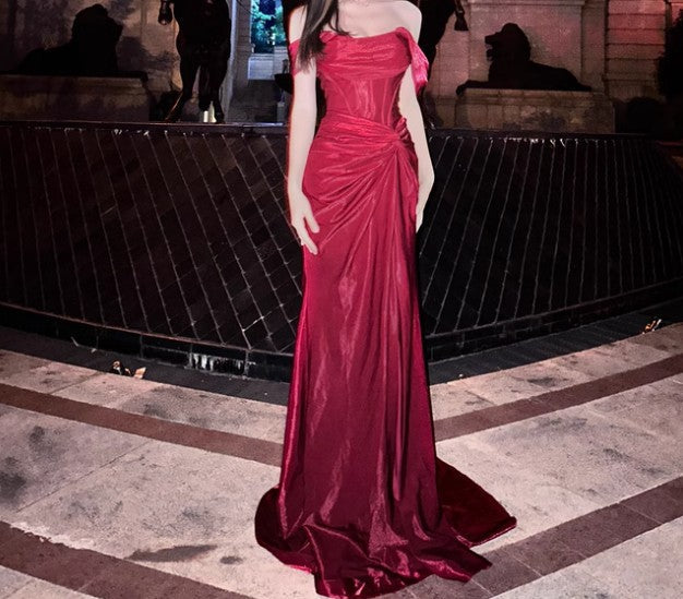 Pleated Satin Formal Mermaid Evening Dress,Fahsion Graudation Prom Dresses with Off-the-Shoulder HZ1024