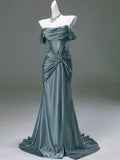 Pleated Satin Formal Mermaid Evening Dress,Fahsion Graudation Prom Dresses with Off-the-Shoulder HZ1024