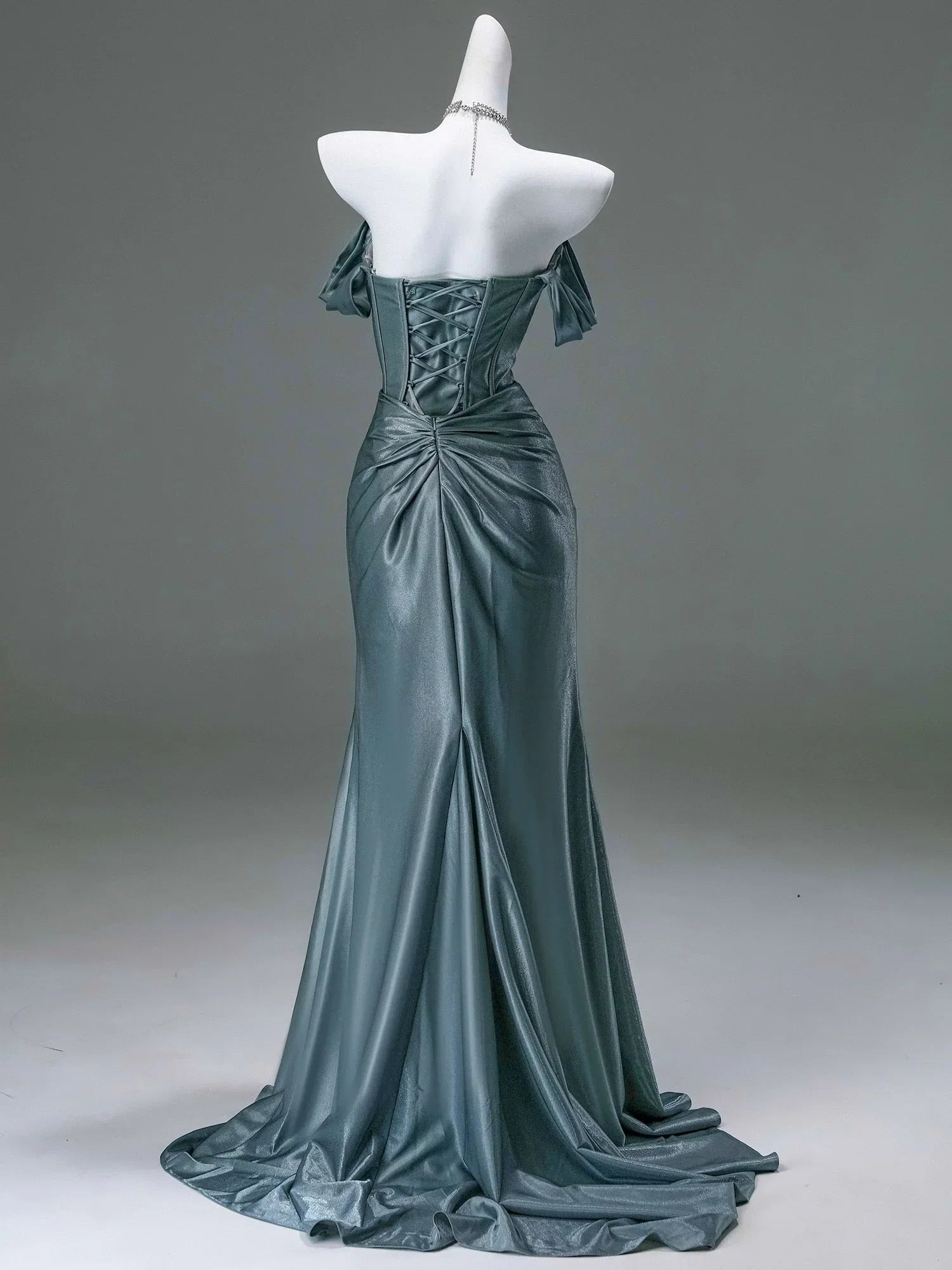 Pleated Satin Formal Mermaid Evening Dress,Fahsion Graudation Prom Dresses with Off-the-Shoulder HZ1024