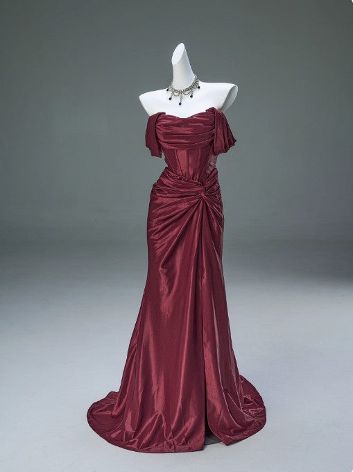 Pleated Satin Formal Mermaid Evening Dress,Fahsion Graudation Prom Dresses with Off-the-Shoulder HZ1024