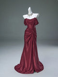 Pleated Satin Formal Mermaid Evening Dress,Fahsion Graudation Prom Dresses with Off-the-Shoulder HZ1024