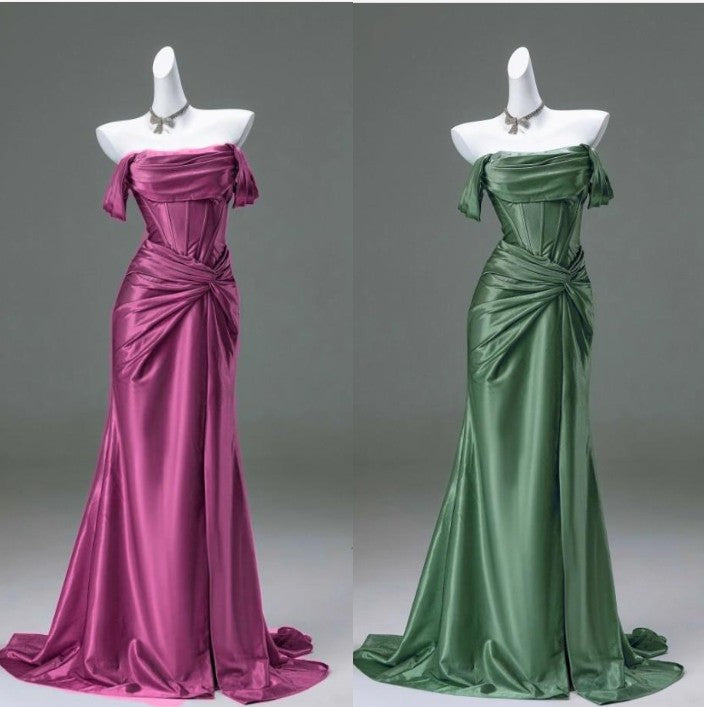 Pleated Satin Formal Mermaid Evening Dress,Fahsion Graudation Prom Dresses with Off-the-Shoulder HZ1024