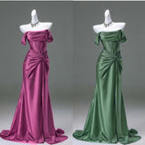 Pleated Satin Formal Mermaid Evening Dress,Fahsion Graudation Prom Dresses with Off-the-Shoulder HZ1024