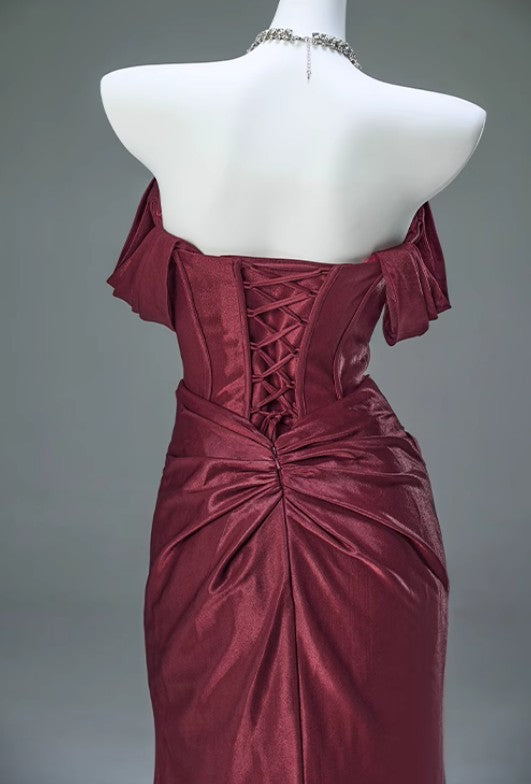 Pleated Satin Formal Mermaid Evening Dress,Fahsion Graudation Prom Dresses with Off-the-Shoulder HZ1024