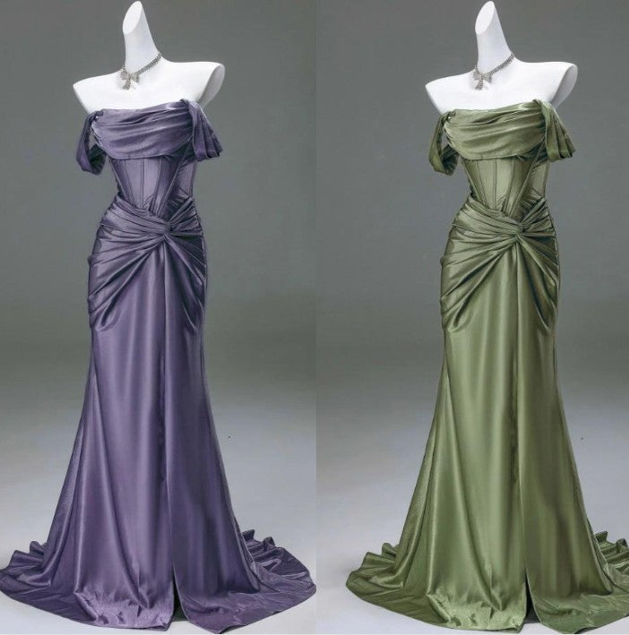 Pleated Satin Formal Mermaid Evening Dress,Fahsion Graudation Prom Dresses with Off-the-Shoulder HZ1024