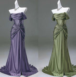 Pleated Satin Formal Mermaid Evening Dress,Fahsion Graudation Prom Dresses with Off-the-Shoulder HZ1024
