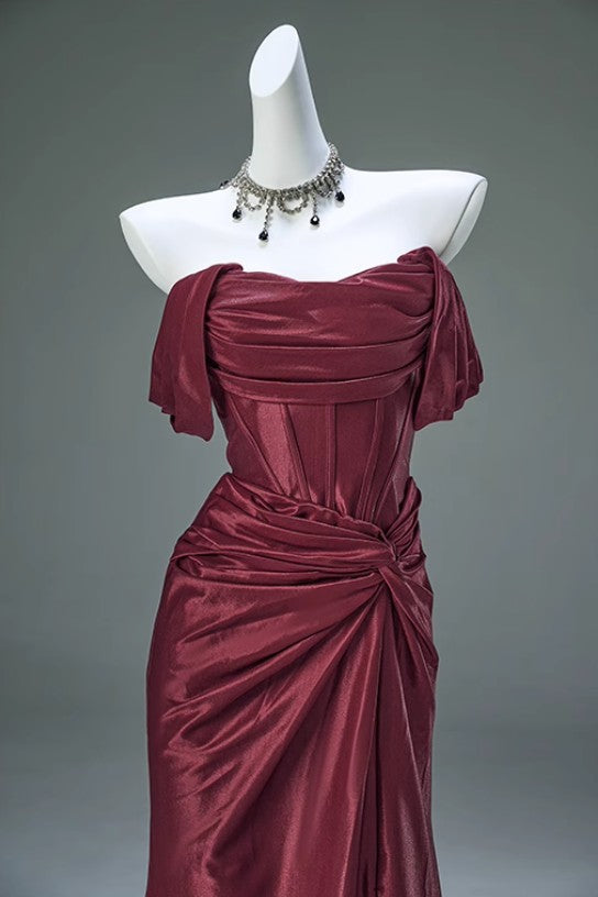 Pleated Satin Formal Mermaid Evening Dress,Fahsion Graudation Prom Dresses with Off-the-Shoulder HZ1024