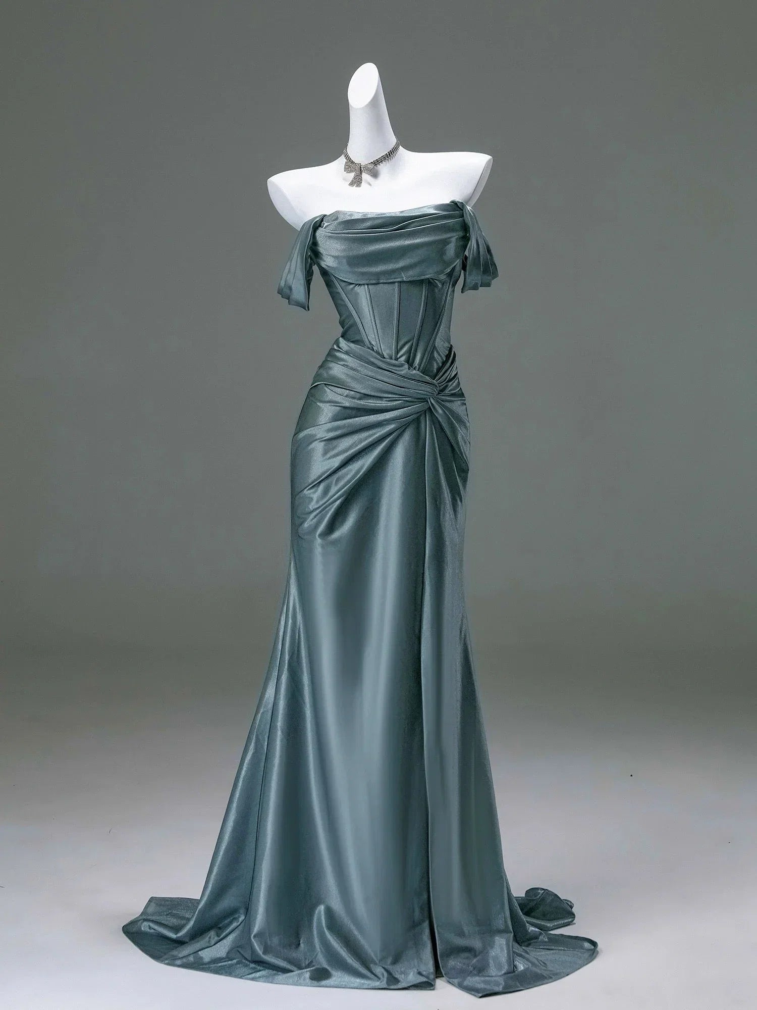 Pleated Satin Formal Mermaid Evening Dress,Fahsion Graudation Prom Dresses with Off-the-Shoulder HZ1024