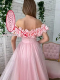 A-Line Tulle Off The Shoulder Long Evening Prom Dress With Slit HZ1024