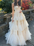 A-Line Spaghetti Straps Long Tiered Tulle Prom Dress With Split HZ1024