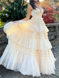 A-Line Spaghetti Straps Long Tiered Tulle Prom Dress With Split HZ1024