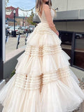 A-Line Spaghetti Straps Long Tiered Tulle Prom Dress With Split HZ1024