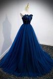 A-line Strapless Blue Velvet And Tulle Long Prom Dress HZ1024