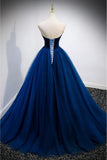 A-line Strapless Blue Velvet And Tulle Long Prom Dress HZ1024