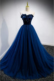 A-line Strapless Blue Velvet And Tulle Long Prom Dress HZ1024