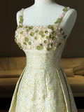 Spaghetti Strap A-Line Colorful Satin Beaded Sequins Long Prom Dress HZ1024