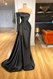Mermaid One Shoulder Satin Long Prom Dress Beadings Evening Dress HZ1024