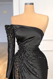 Mermaid One Shoulder Satin Long Prom Dress Beadings Evening Dress HZ1024