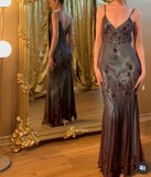 Evening Dresses ?? Blue Satin Spaghetti Straps Coffee Chiffon Long Prom Dresses with Beading HZ1024