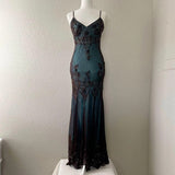 Evening Dresses ?? Blue Satin Spaghetti Straps Coffee Chiffon Long Prom Dresses with Beading HZ1024