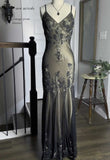 Evening Dresses ?? Blue Satin Spaghetti Straps Coffee Chiffon Long Prom Dresses with Beading HZ1024