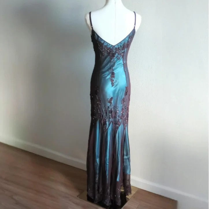 Evening Dresses ?? Blue Satin Spaghetti Straps Coffee Chiffon Long Prom Dresses with Beading HZ1024
