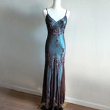 Evening Dresses ?? Blue Satin Spaghetti Straps Coffee Chiffon Long Prom Dresses with Beading HZ1024