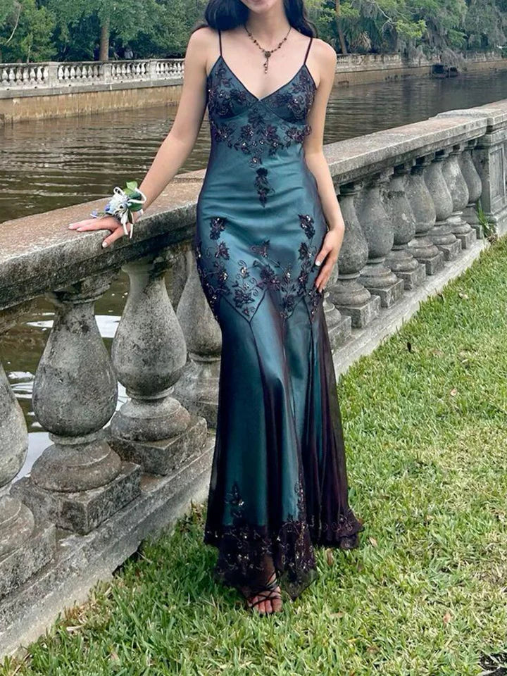 Evening Dresses ?? Blue Satin Spaghetti Straps Coffee Chiffon Long Prom Dresses with Beading HZ1024