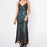 Evening Dresses ?? Blue Satin Spaghetti Straps Coffee Chiffon Long Prom Dresses with Beading HZ1024