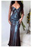 Evening Dresses ?? Blue Satin Spaghetti Straps Coffee Chiffon Long Prom Dresses with Beading HZ1024