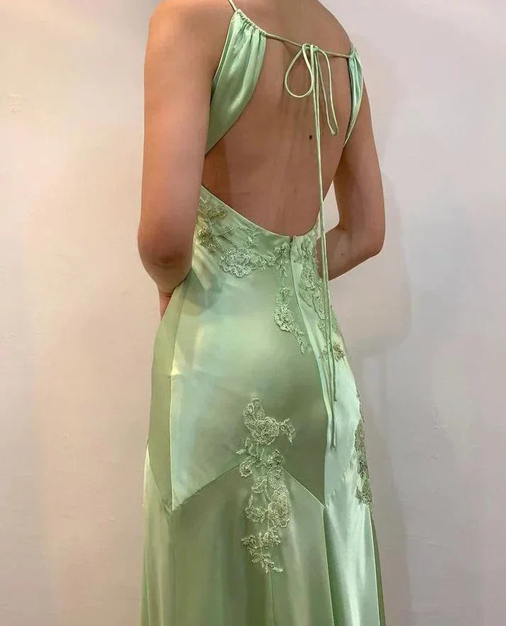 A-Line Evening Dress Satin Spaghetti Straps Green Vintage Backless Long Prom Dresses HZ1024