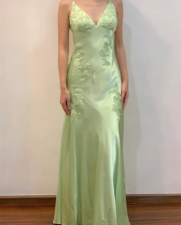 A-Line Evening Dress Satin Spaghetti Straps Green Vintage Backless Long Prom Dresses HZ1024