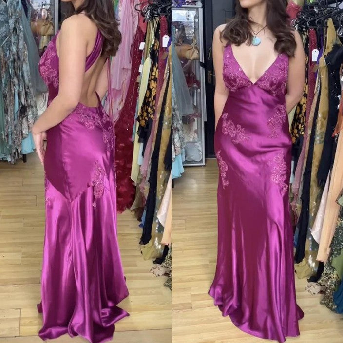 A-Line Evening Dress Satin Spaghetti Straps Green Vintage Backless Long Prom Dresses HZ1024