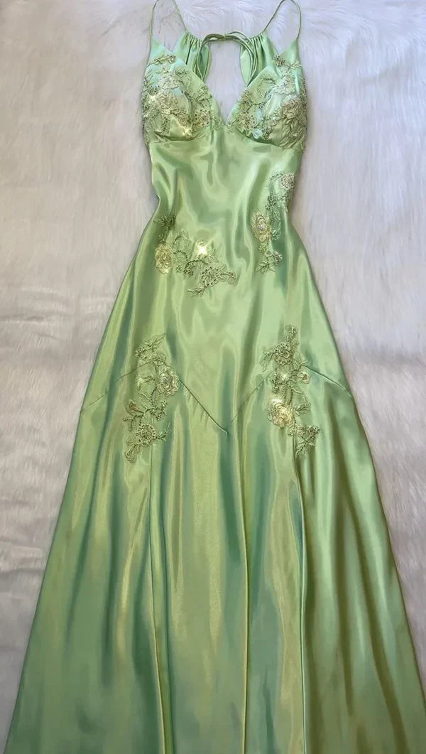 A-Line Evening Dress Satin Spaghetti Straps Green Vintage Backless Long Prom Dresses HZ1024