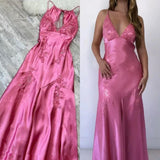 A-Line Evening Dress Satin Spaghetti Straps Green Vintage Backless Long Prom Dresses HZ1024