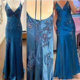 A-Line Evening Dress Satin Spaghetti Straps Green Vintage Backless Long Prom Dresses HZ1024